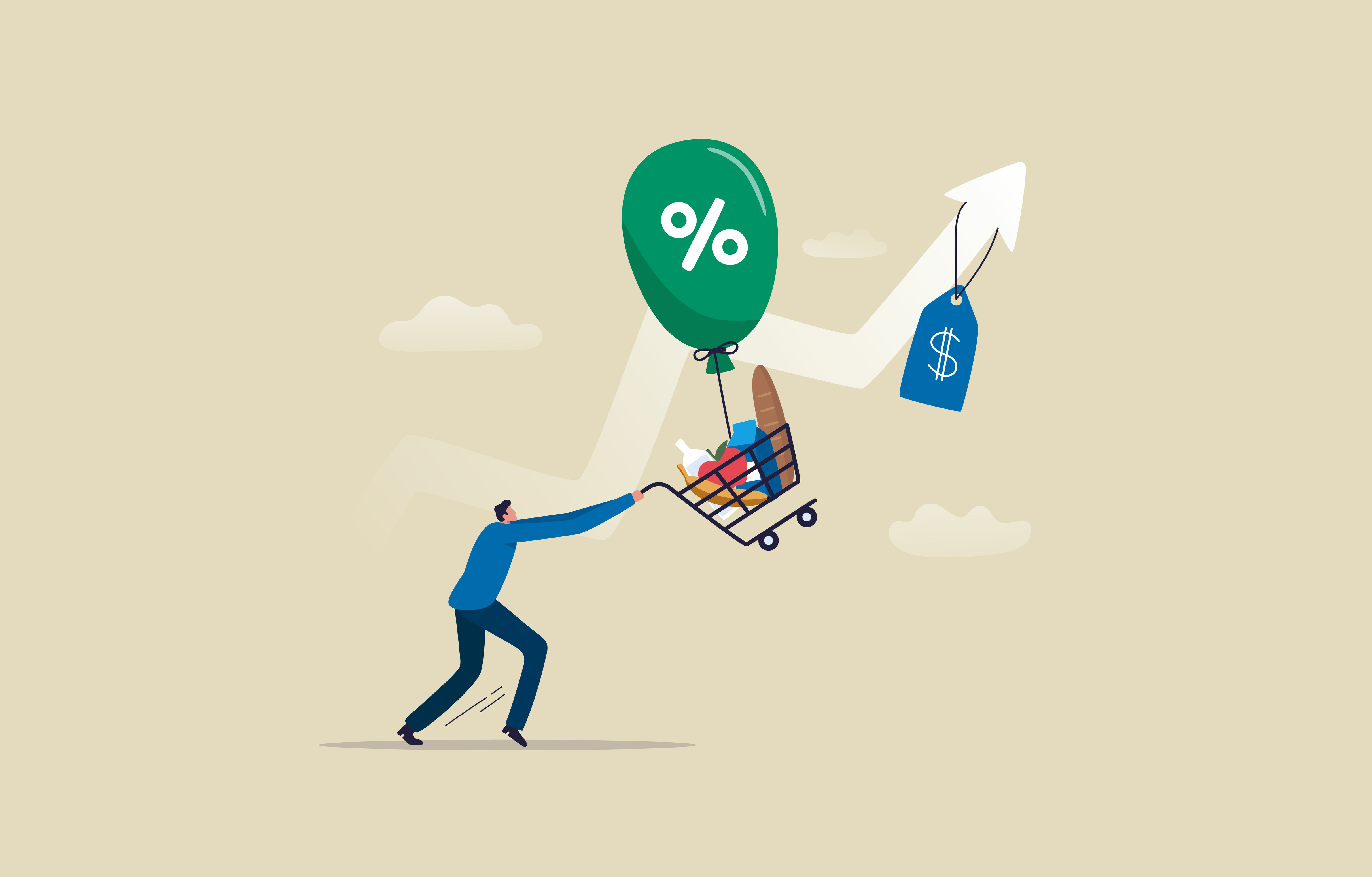 Man holding trolley of food that is being carried up by inflation balloon and arrow