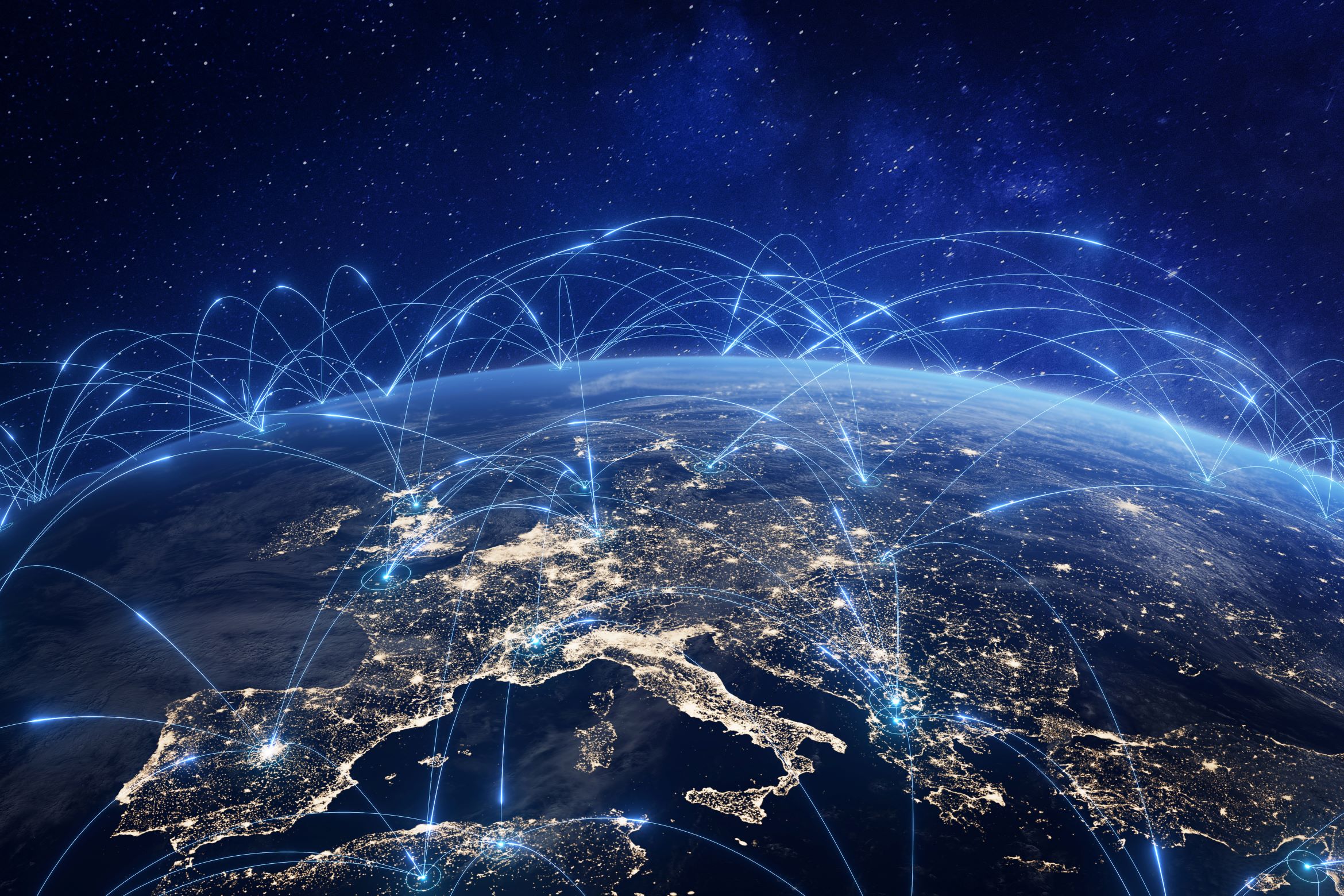 European continent with trade routes represented by blue lines