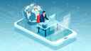 Cartoon of a businessman sitting at a desk on top of a phone and with a digital globe behind him