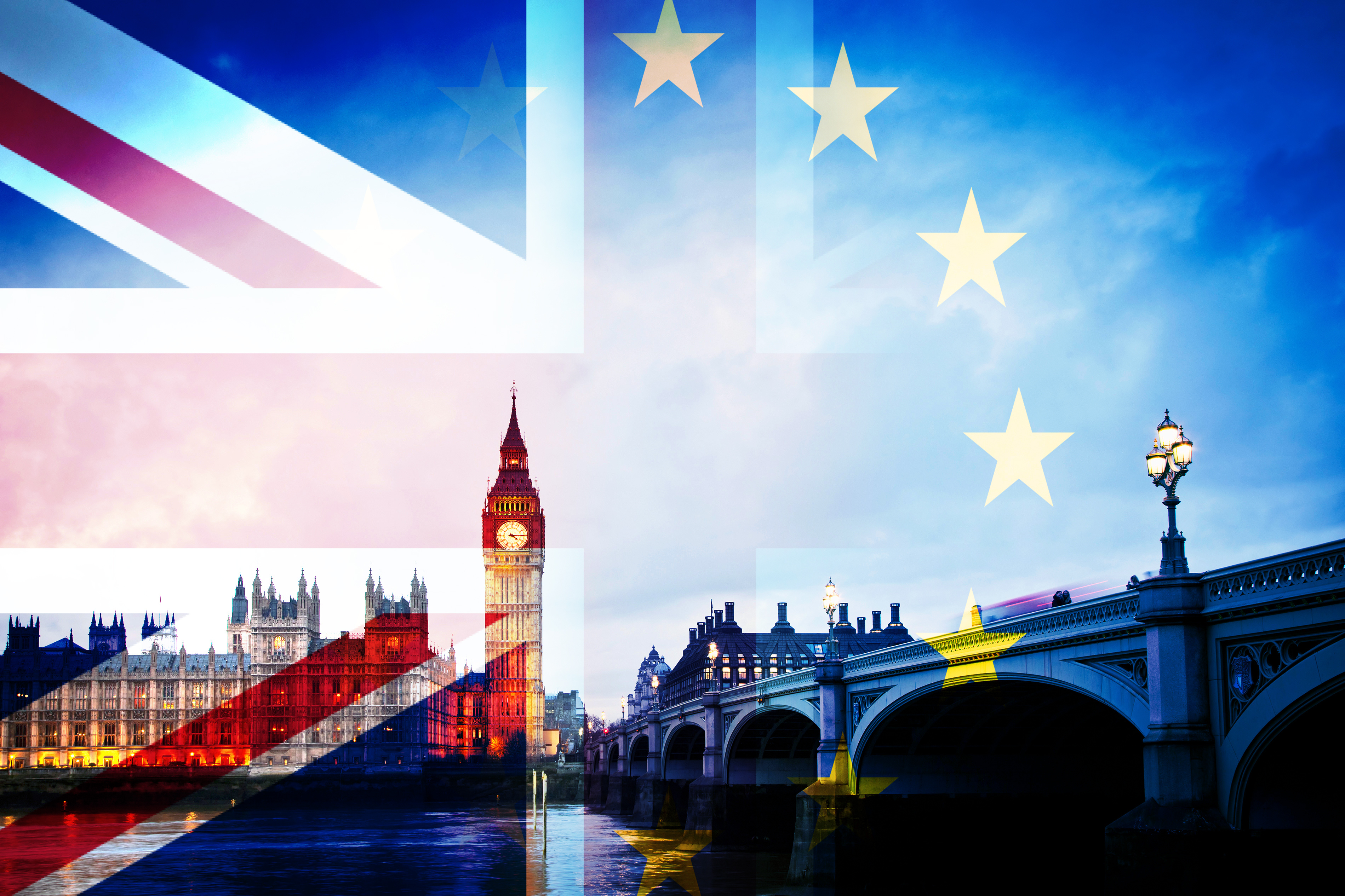 UK and EU flags superimposed on view of UK Parliament