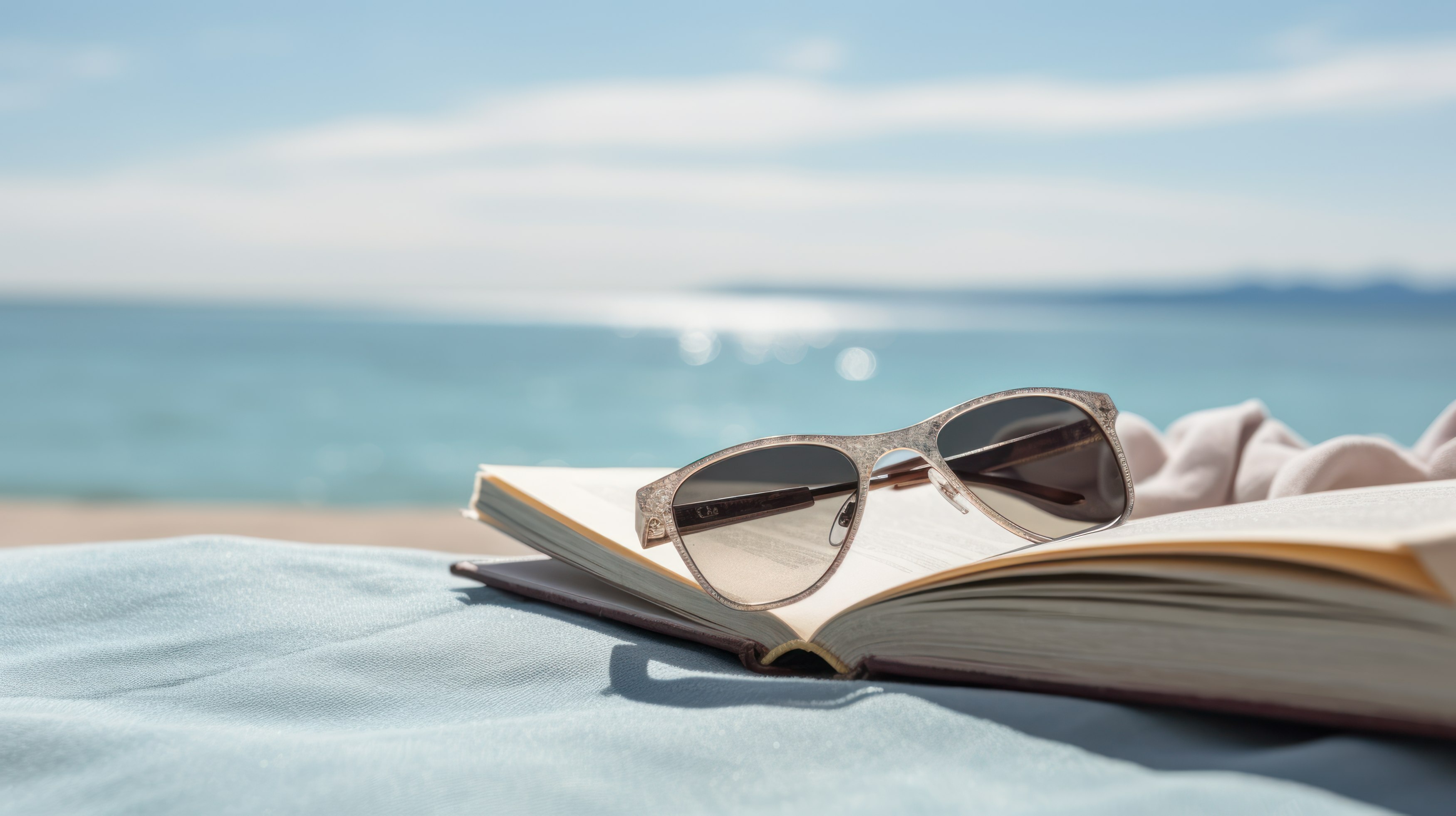Book lying on a towel on the beach with the sun and sea in the background
